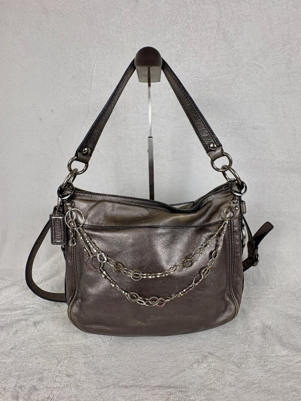 Coach Brooke Hobo in Silver Metallic Leather with Chain